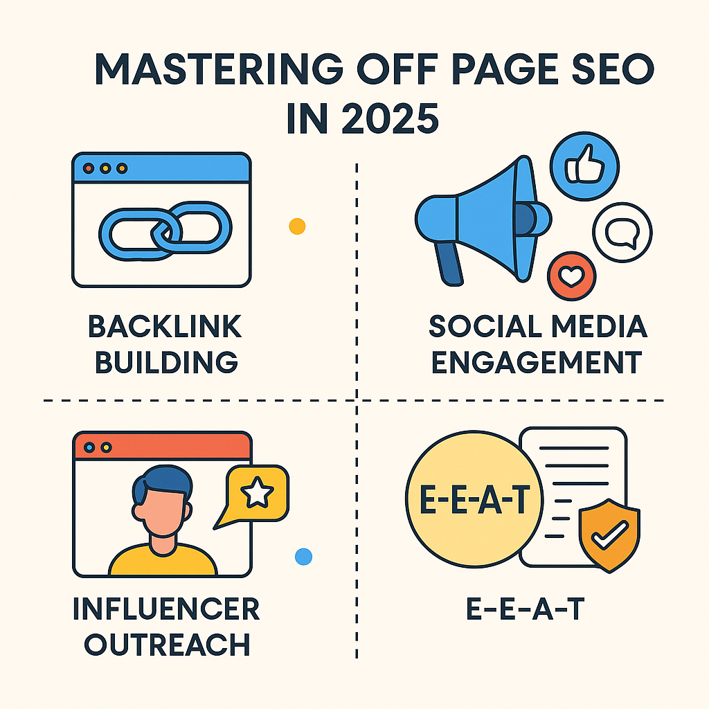 Diagram of Off Page SEO strategies including backlinks, social engagement, and E‑E‑A‑T