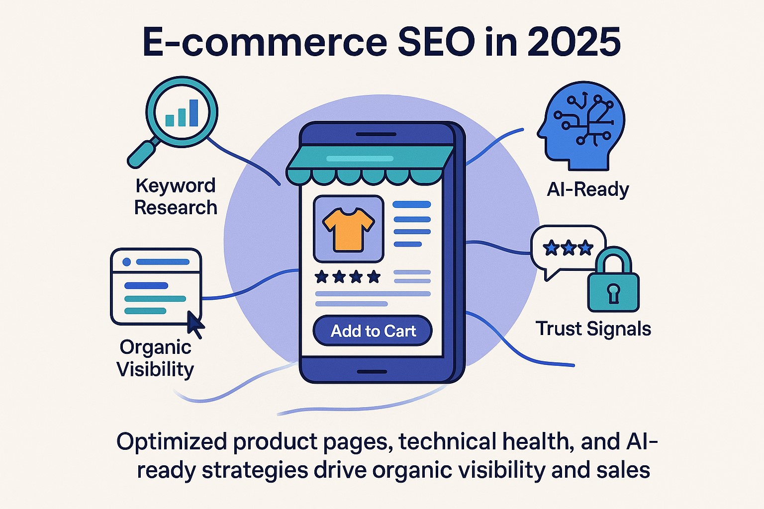 An isometric illustration showing a vibrant e-commerce storefront on a digital platform, with SEO-related icons like charts and magnifying glasses floating around it, symbolizing online store growth.