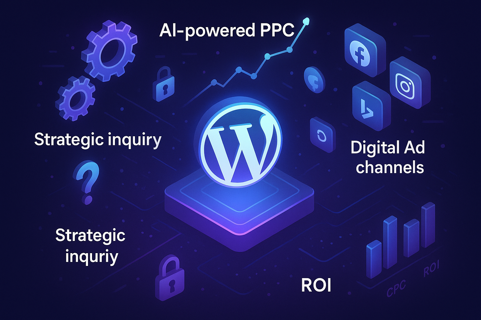 An isometric illustration of the WordPress logo on a platform, symbolizing the foundation of a secure and effective Google Ads & PPC strategy.