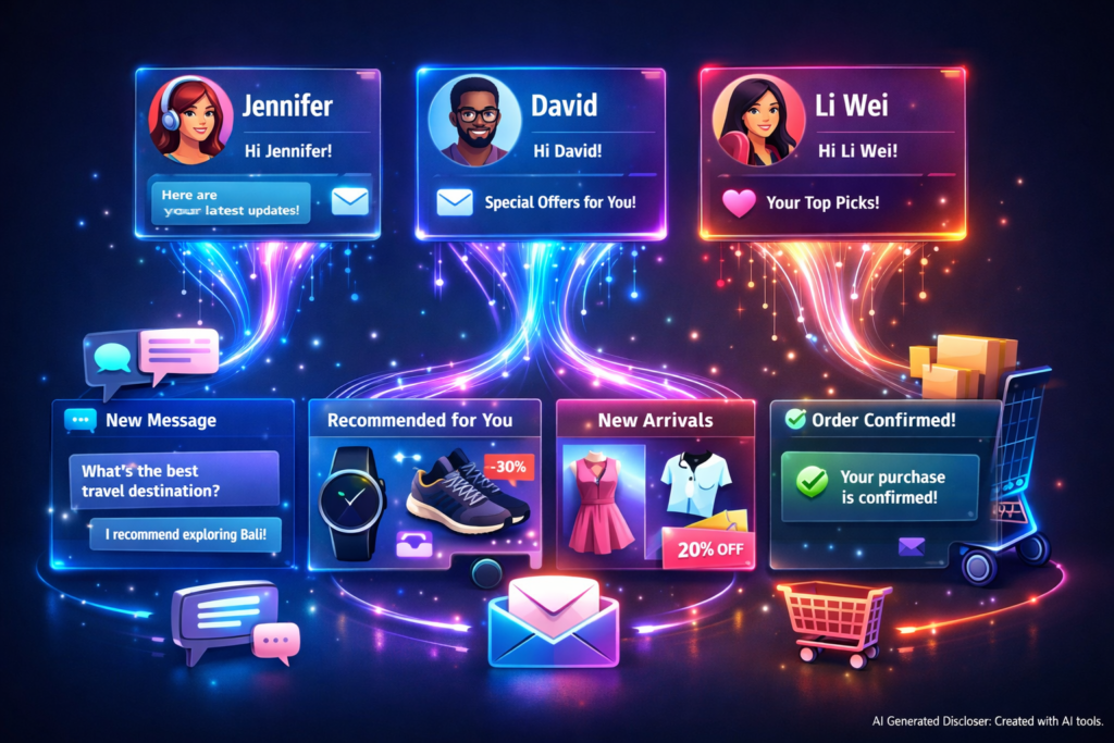 AI-driven personalized dashboard with user icons and data streams