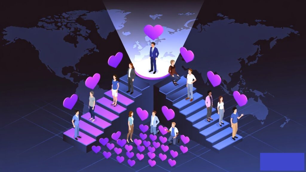 A digital spectrum showing nano, micro, macro, and mega influencers connected by data lines and brand logos.