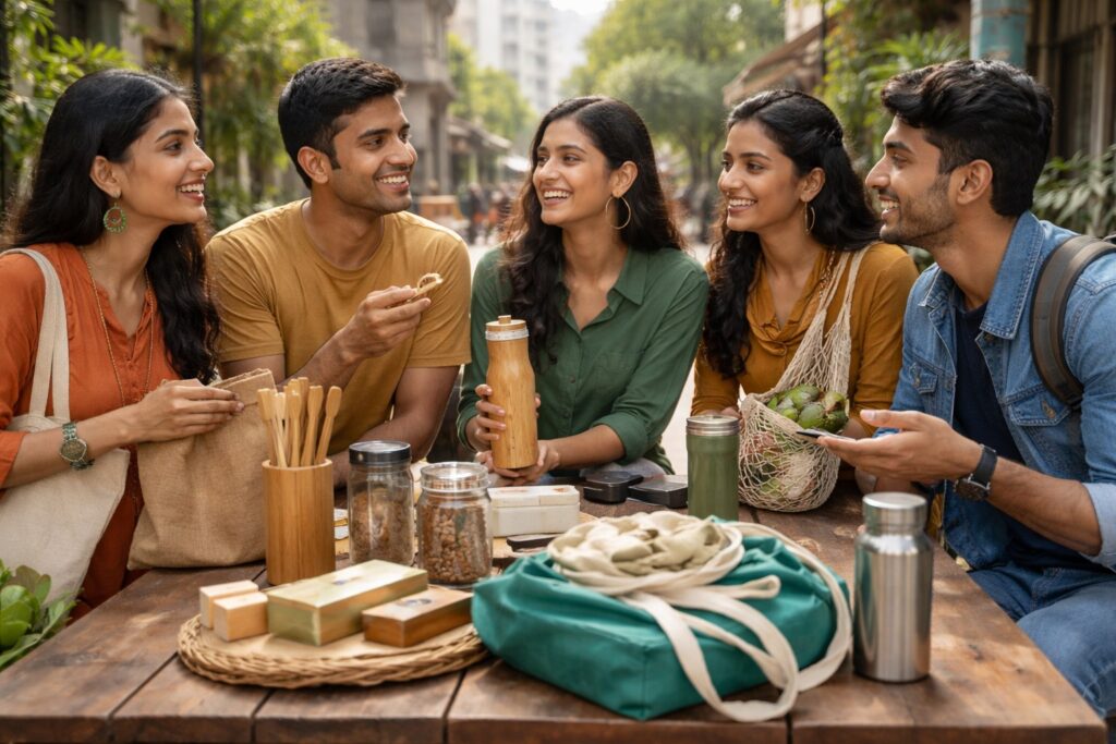 Woman holding durable eco-product with vibrant greens, symbolizing ethical marketing.